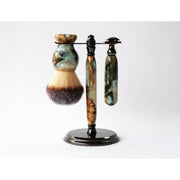 CreationsByWill Buckeye Burl Wood Hand Crafted Shave Set with 'Travel to Jupiter'( pearl)Resin safety razor, 26mm lather brush and a matching shave stand. Shave Set White Smoke