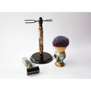 CreationsByWill Buckeye Burl Wood Hand Crafted Shave Set with 'Travel to Jupiter'( pearl)Resin safety razor, 26mm lather brush and a matching shave stand. Shave Set Lavender