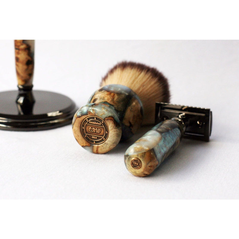 CreationsByWill Buckeye Burl Wood Hand Crafted Shave Set with 'Travel to Jupiter'( pearl)Resin safety razor, 26mm lather brush and a matching shave stand. Shave Set Dark Slate Gray