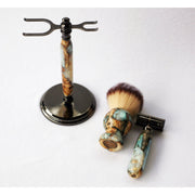 CreationsByWill Buckeye Burl Wood Hand Crafted Shave Set with 'Travel to Jupiter'( pearl)Resin safety razor, 26mm lather brush and a matching shave stand. Shave Set Lavender