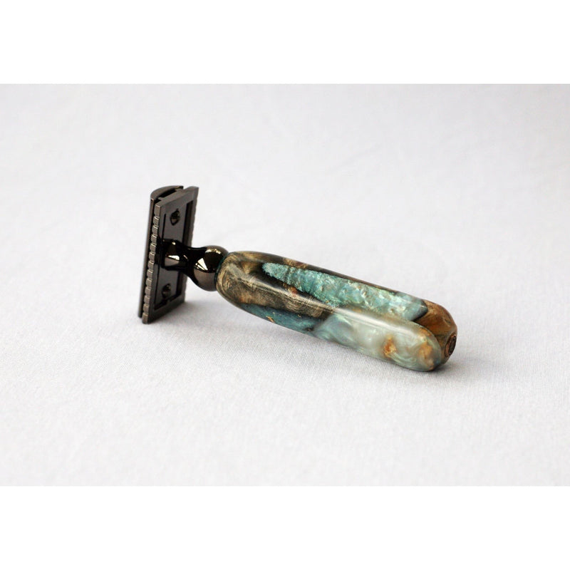CreationsByWill Buckeye Burl Wood Hand Crafted Shave Set with 'Travel to Jupiter'( pearl)Resin safety razor, 26mm lather brush and a matching shave stand. Shave Set White Smoke