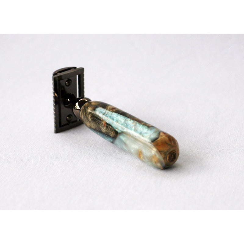 CreationsByWill Buckeye Burl Wood Hand Crafted Shave Set with 'Travel to Jupiter'( pearl)Resin safety razor, 26mm lather brush and a matching shave stand. Shave Set Lavender