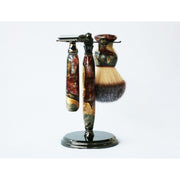 CreationsByWill Buckeye Burl Wood Hand Crafted Shave Set with 'Chameleon' Resin safety razor, 26mm lather brush and a matching shave stand. Shave Set White Smoke