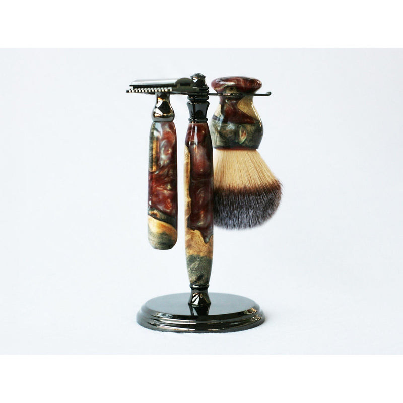 CreationsByWill Buckeye Burl Wood Hand Crafted Shave Set with 'Chameleon' Resin safety razor, 26mm lather brush and a matching shave stand. Shave Set White Smoke