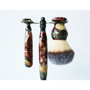 CreationsByWill Buckeye Burl Wood Hand Crafted Shave Set with 'Chameleon' Resin safety razor, 26mm lather brush and a matching shave stand. Shave Set White Smoke