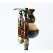 CreationsByWill Buckeye Burl Wood Hand Crafted Shave Set with 'Chameleon' Resin safety razor, 26mm lather brush and a matching shave stand. Shave Set White Smoke