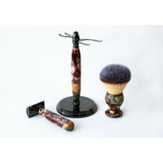 CreationsByWill Buckeye Burl Wood Hand Crafted Shave Set with 'Chameleon' Resin safety razor, 26mm lather brush and a matching shave stand. Shave Set White Smoke