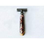 CreationsByWill Buckeye Burl Wood Hand Crafted Shave Set with 'Chameleon' Resin safety razor, 26mm lather brush and a matching shave stand. Shave Set Lavender