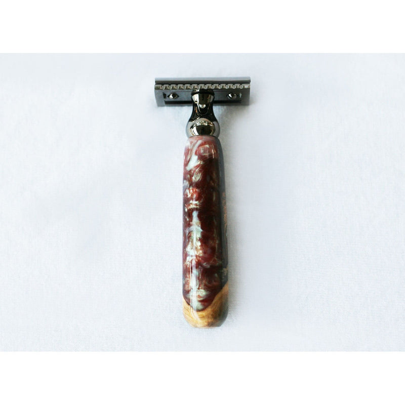 CreationsByWill Buckeye Burl Wood Hand Crafted Shave Set with 'Chameleon' Resin safety razor, 26mm lather brush and a matching shave stand. Shave Set Lavender