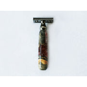 CreationsByWill Buckeye Burl Wood Hand Crafted Shave Set with 'Chameleon' Resin safety razor, 26mm lather brush and a matching shave stand. Shave Set Lavender