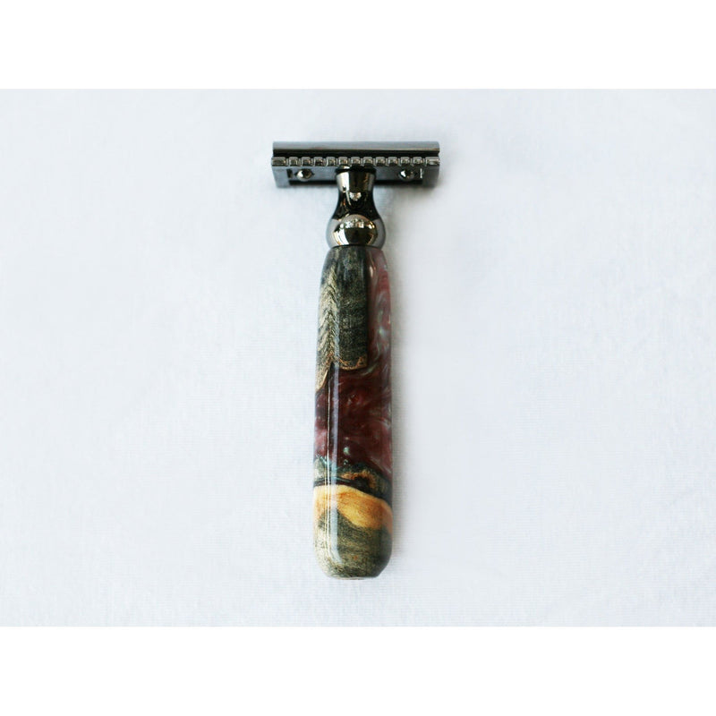 CreationsByWill Buckeye Burl Wood Hand Crafted Shave Set with 'Chameleon' Resin safety razor, 26mm lather brush and a matching shave stand. Shave Set Lavender