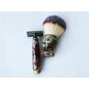 CreationsByWill Buckeye Burl Wood Hand Crafted Shave Set with 'Chameleon' Resin safety razor, 26mm lather brush and a matching shave stand. Shave Set Lavender
