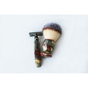 CreationsByWill Buckeye Burl Wood Hand Crafted Shave Set with 'Chameleon' Resin safety razor, 26mm lather brush and a matching shave stand. Shave Set Lavender