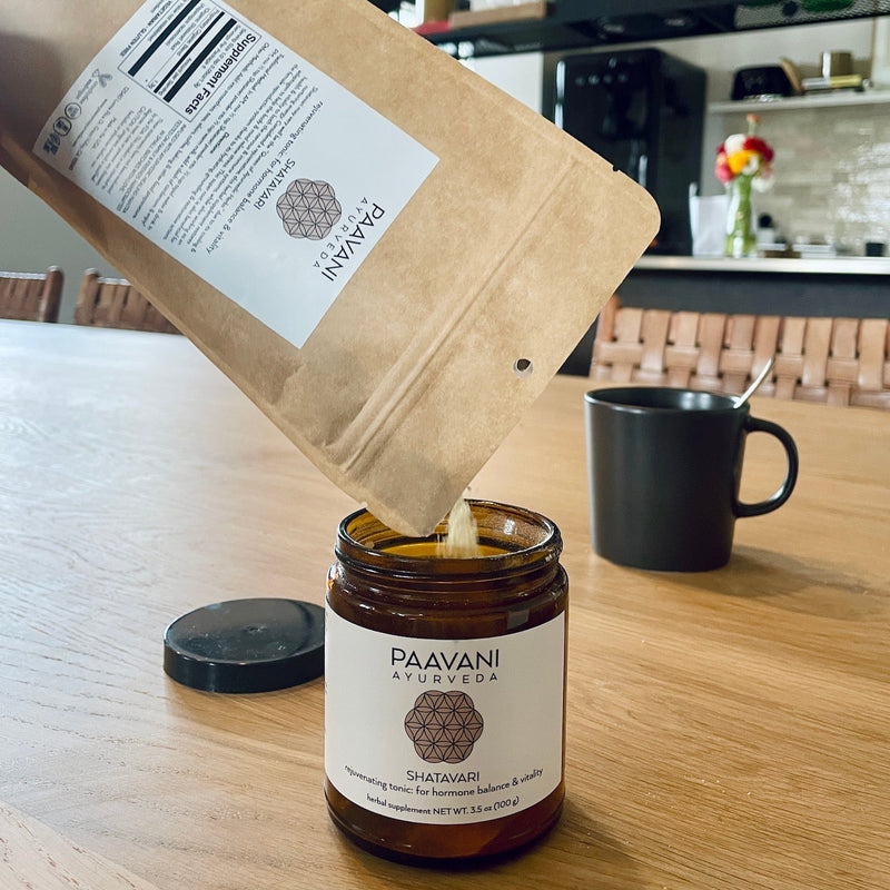 Paavani Ayurveda Shatavari | Ayurvedic Adaptogen for Cooling & Hormonal Balance Vitamins & Supplements Rosy Brown Glass Jar,Compostable Refill