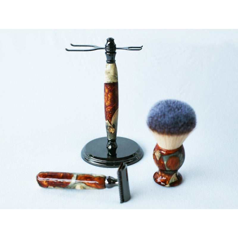 CreationsByWill Buckeye Burl Shave Set with Gold and red swirl  Resin safety razor, 26mm lather brush and a matching shave stand. Shave Set Lavender