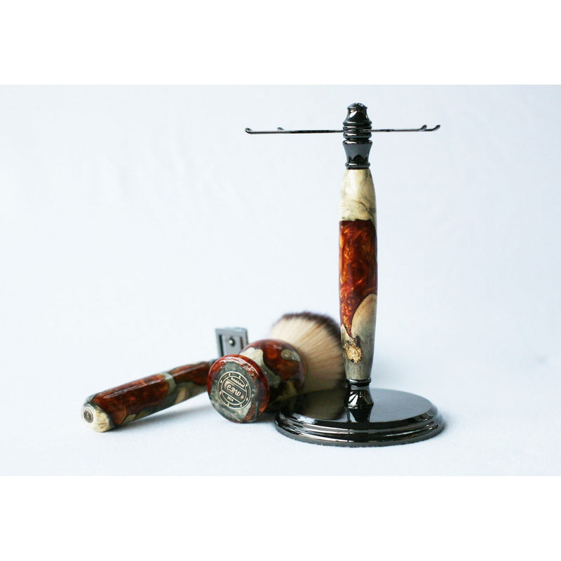 CreationsByWill Buckeye Burl Shave Set with Gold and red swirl  Resin safety razor, 26mm lather brush and a matching shave stand. Shave Set White Smoke