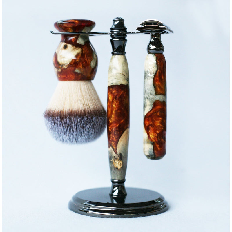 CreationsByWill Buckeye Burl Shave Set with Gold and red swirl  Resin safety razor, 26mm lather brush and a matching shave stand. Shave Set Lavender