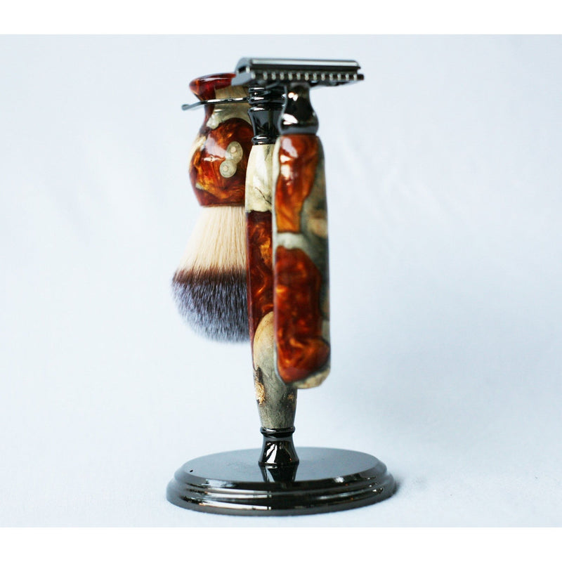 CreationsByWill Buckeye Burl Shave Set with Gold and red swirl  Resin safety razor, 26mm lather brush and a matching shave stand. Shave Set Lavender