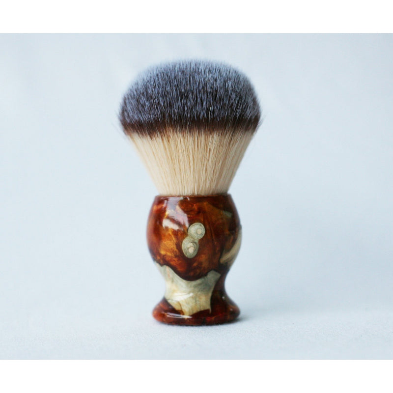 CreationsByWill Buckeye Burl Shave Set with Gold and red swirl  Resin safety razor, 26mm lather brush and a matching shave stand. Shave Set Light Gray