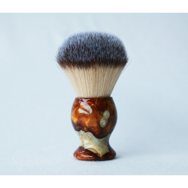 CreationsByWill Buckeye Burl Shave Set with Gold and red swirl  Resin safety razor, 26mm lather brush and a matching shave stand. Shave Set Light Gray