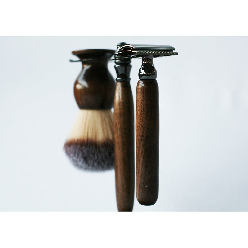CreationsByWill Walnut Wood Hand Crafted Shave Set with Gunmetal Safety Razor Shave Set Dark Slate Gray