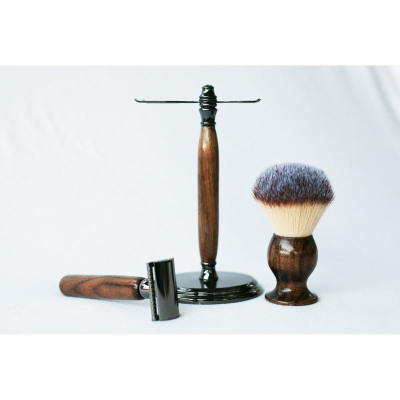 CreationsByWill Walnut Wood Hand Crafted Shave Set with Gunmetal Safety Razor Shave Set Lavender