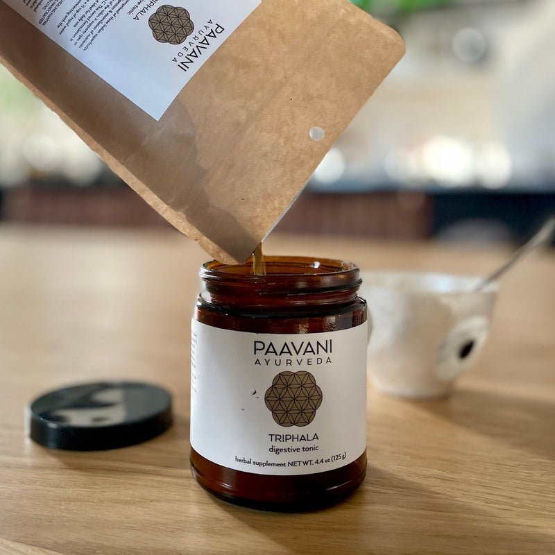 Paavani Ayurveda Triphala | Ayurvedic Superfruit Blend for Digestion, Detox & Daily Elimination simple Rosy Brown Glass Jar,Compostable Refill