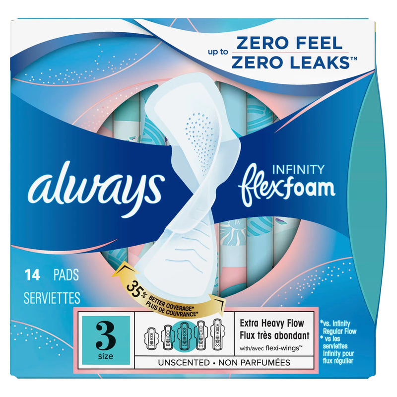 Always Always Infinity Size 3 Extra Heavy Flow Pads with Wings Unscented  14 count Health Care White Smoke