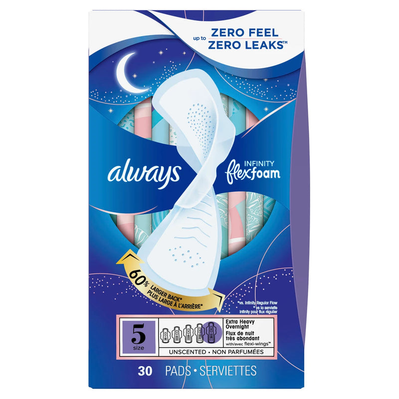 Always Always Infinity FlexFoam Pads, Size 5 Extra Heavy Overnight 3 Packs of 30 Feminine Pads & Protectors White Smoke