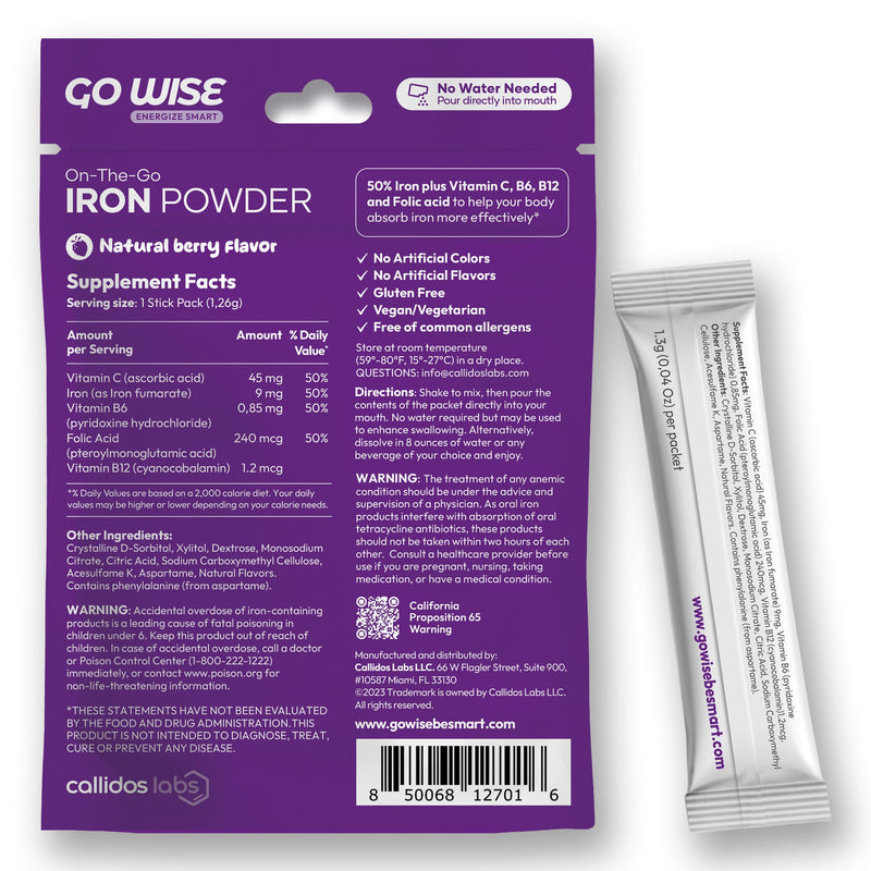 Go Wise Gentle Iron Supplement for Women and Men (No Water Needed) Iron Supplement White Smoke 28 Stick Packs,42 Stick Packs,14 Stick Packs