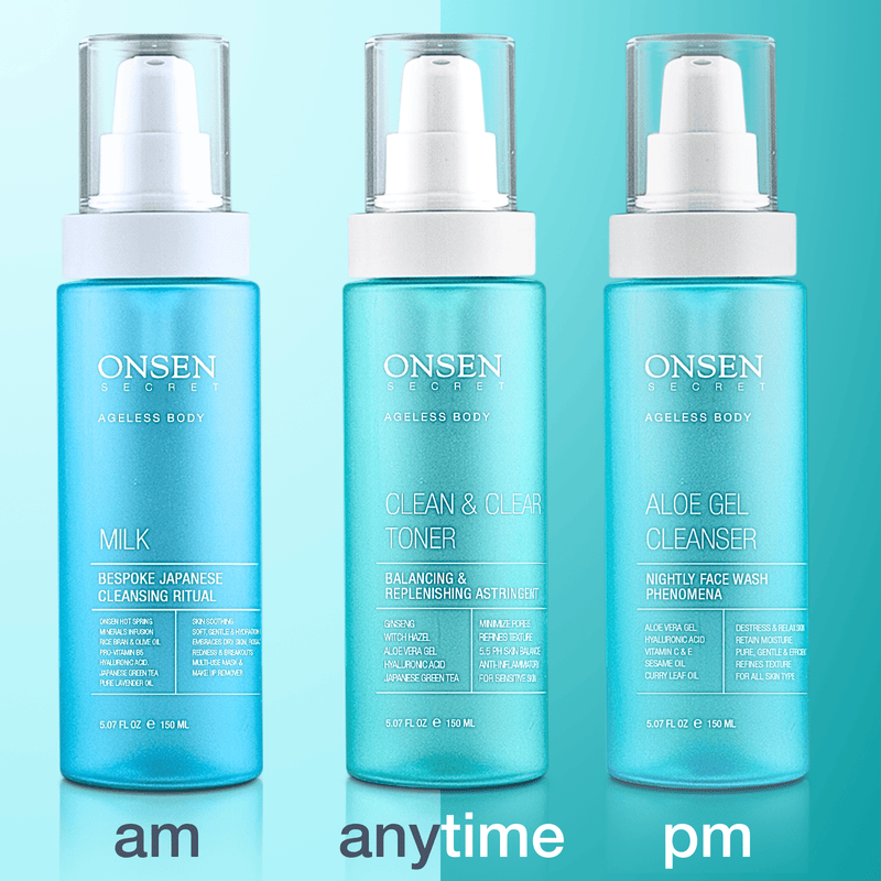 Onsen Secret Japanese Cleansing System Skin Care Sets Light Cyan 150ml Aloe Gel Cleanser + 150ml Clean & Clear Toner + 150ml Milk Face Cleanser
