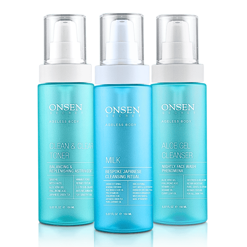 Onsen Secret Japanese Cleansing System Skin Care Sets White Smoke 150ml Aloe Gel Cleanser + 150ml Clean & Clear Toner + 150ml Milk Face Cleanser