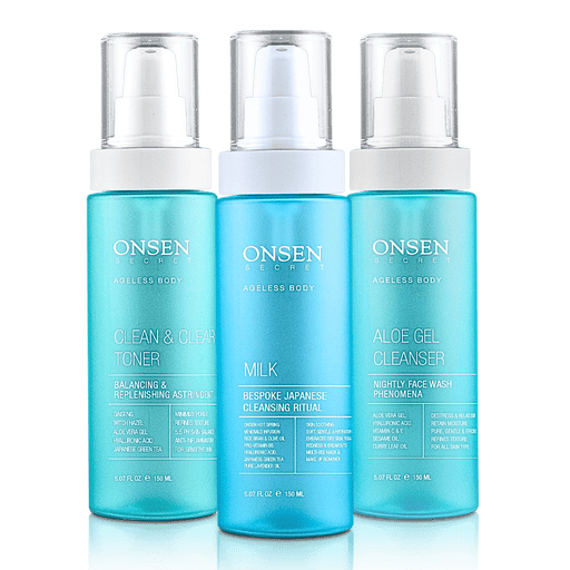 Onsen Secret Japanese Cleansing System Skin Care Sets White Smoke 150ml Aloe Gel Cleanser + 150ml Clean & Clear Toner + 150ml Milk Face Cleanser