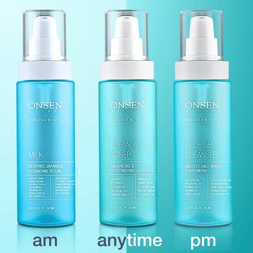 Onsen Secret Japanese Cleansing System Skin Care Sets Light Cyan 150ml Aloe Gel Cleanser + 150ml Clean & Clear Toner + 150ml Milk Face Cleanser