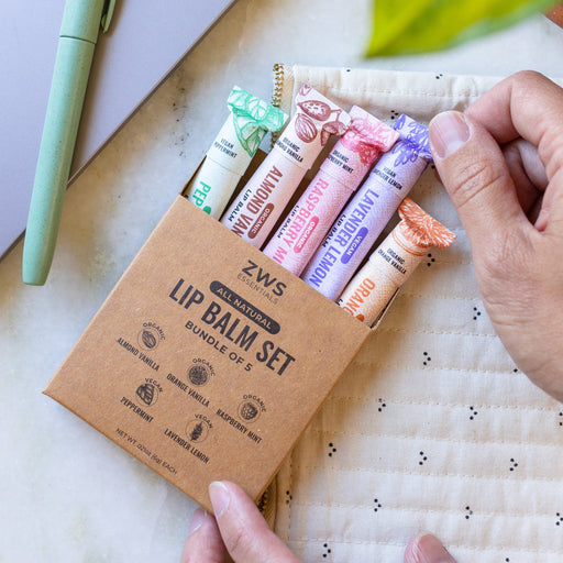 ZeroWasteStore.com All Natural Lip Balm Light Gray Organic Almond Vanilla,Organic Orange Vanilla,Organic Raspberry Mint,Vegan Peppermint,Vegan Lavender Lemon,Lip Balm Set - Bundle of 5,Organic Trio,Vegan Duo