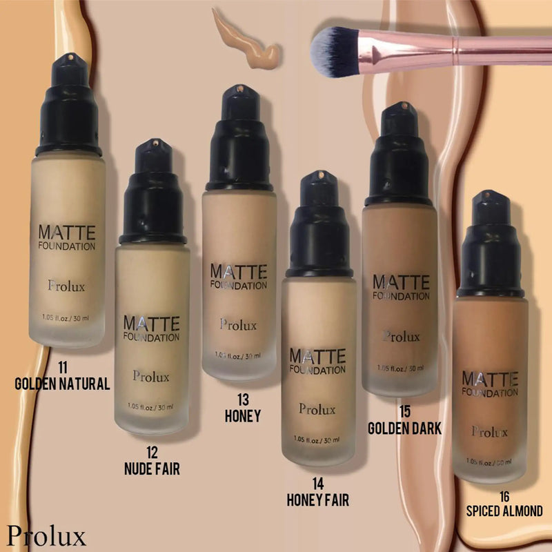 Prolux Cosmetics Lightweight Matte Foundation face foundation Tan 1 Natural Beige,2 Soft Ivory,3 Creamy Beige,4 Medium Beige,5 Soft Beige,6 Dark Beige,11 Golden Neutral,12 Nude Fair,13 Honey,14 Honey Fair,15 Golden Dark,16 Spiced Almond