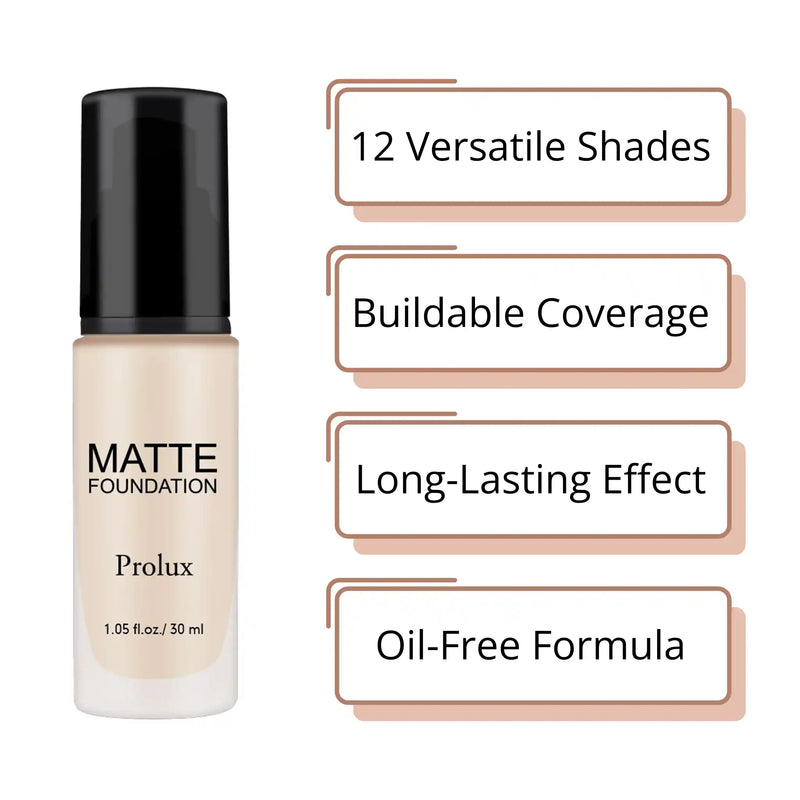 Prolux Cosmetics Lightweight Matte Foundation face foundation White Smoke 1 Natural Beige,2 Soft Ivory,3 Creamy Beige,4 Medium Beige,5 Soft Beige,6 Dark Beige,11 Golden Neutral,12 Nude Fair,13 Honey,14 Honey Fair,15 Golden Dark,16 Spiced Almond