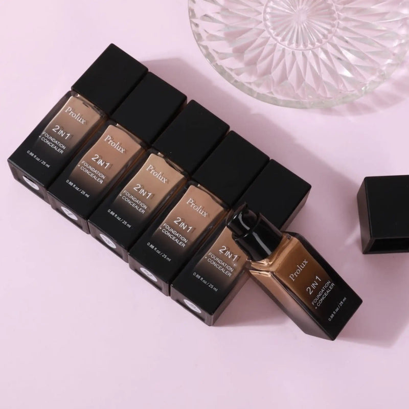 Prolux Cosmetics 2 in 1 Foundation and Concealer face foundation Lavender 1 Cashew,2 Pecan,3 Bisque,4 Chestnut,5 Almond,6 Cocoa