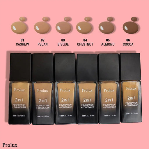 Prolux Cosmetics 2 in 1 Foundation and Concealer face foundation Light Pink 1 Cashew,2 Pecan,3 Bisque,4 Chestnut,5 Almond,6 Cocoa