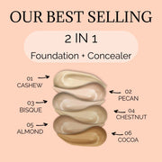 Prolux Cosmetics 2 in 1 Foundation and Concealer face foundation Peach Puff 1 Cashew,2 Pecan,3 Bisque,4 Chestnut,5 Almond,6 Cocoa