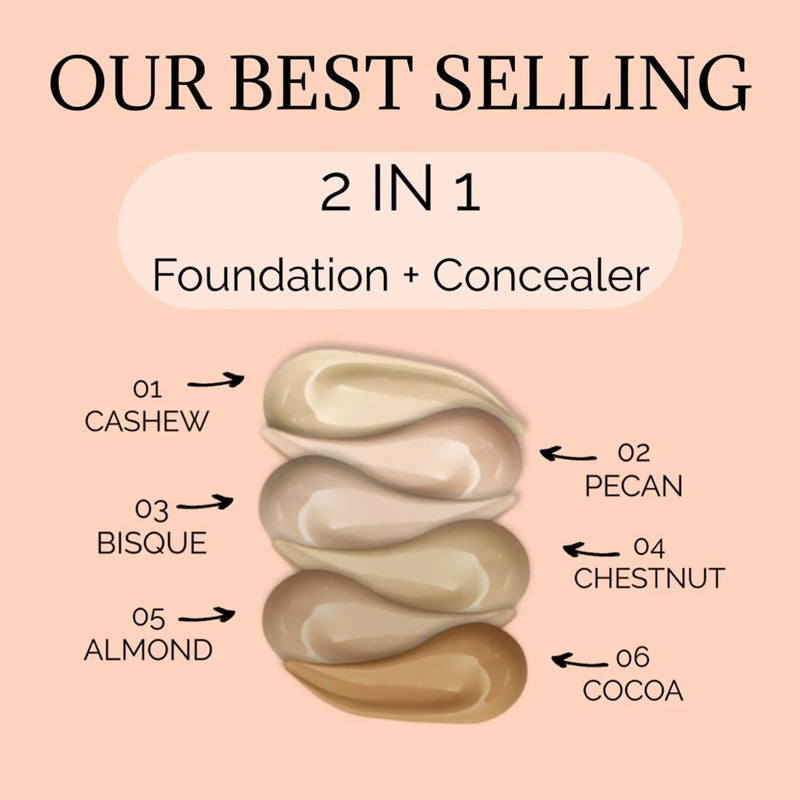 Prolux Cosmetics 2 in 1 Foundation and Concealer face foundation Peach Puff 1 Cashew,2 Pecan,3 Bisque,4 Chestnut,5 Almond,6 Cocoa