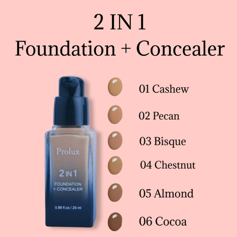 Prolux Cosmetics 2 in 1 Foundation and Concealer face foundation Pink 1 Cashew,2 Pecan,3 Bisque,4 Chestnut,5 Almond,6 Cocoa
