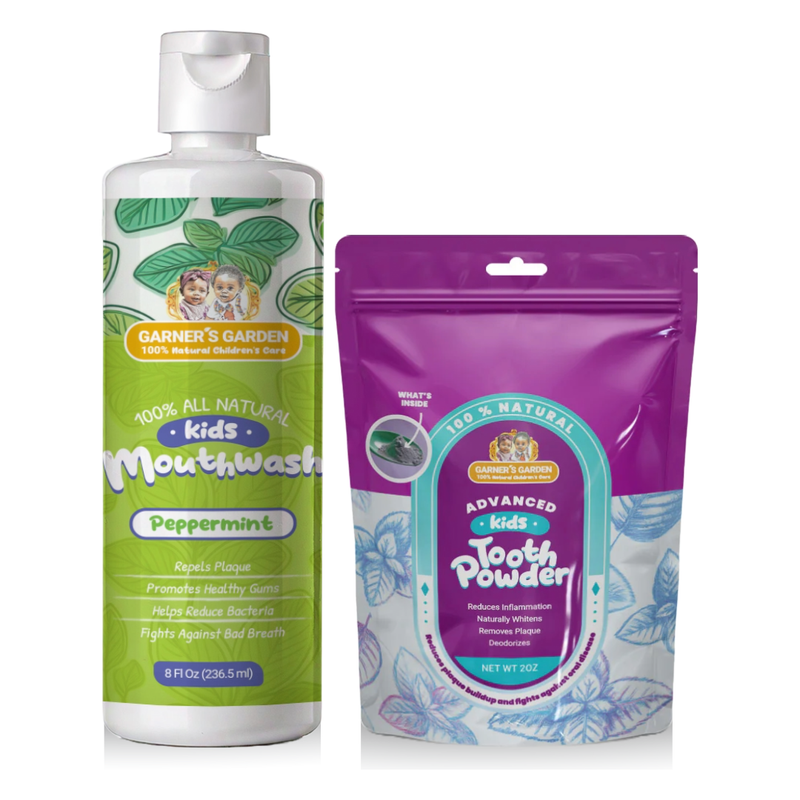 Garner's Garden Kid's Mouthwash and Tooth Powder Package Kids White Smoke 8 oz Kids Peppermint MW / 2 oz Kids Organic TP (w/charcoal)