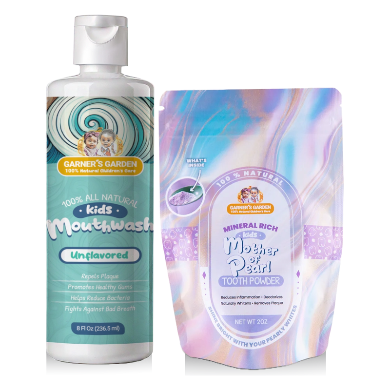 Garner's Garden Kid's Mouthwash and Tooth Powder Package Kids White Smoke 8 oz Kids Unflavored MW / 2 oz Kids Mother of Pearl TP (white in color)
