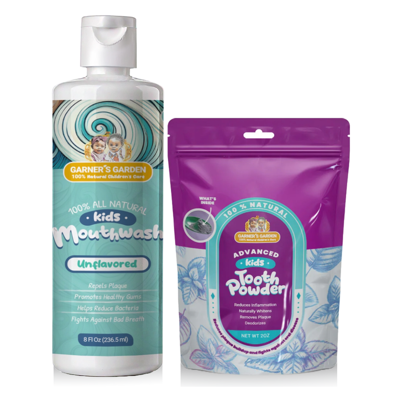 Garner's Garden Kid's Mouthwash and Tooth Powder Package Kids White Smoke 8 oz Kids Unflavored MW / 2 oz Kids Organic TP (w/charcoal)