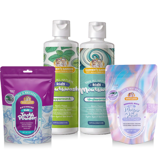 Garner's Garden Kid's Mouthwash and Tooth Powder Package Kids White Smoke 8 oz Kids Peppermint MW / 2 oz Kids Organic TP (w/charcoal),8 oz Kids Peppermint MW / 2 oz Kids Mother of Pearl TP (white in color),8 oz Kids Unflavored MW / 2 oz Kids Organic TP (w/charcoal),8 oz Kids Unflavored MW / 2 oz Kids Mother of Pearl TP (white i