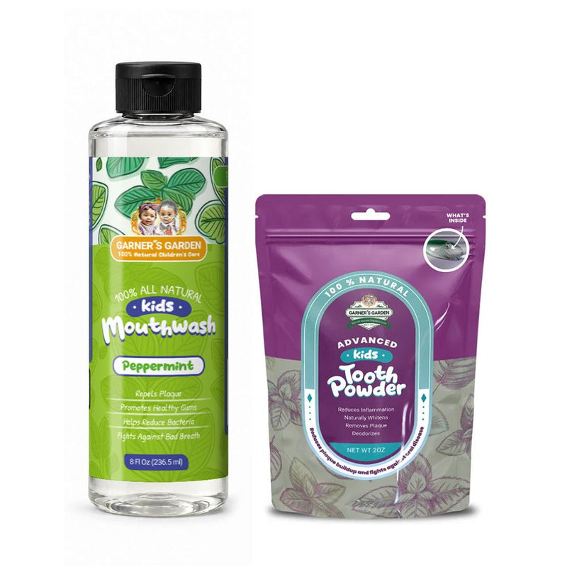 Garner's Garden Kid's Mouthwash and Tooth Powder Package Kids White Smoke 8 oz Kids Peppermint MW / 2 oz Kids Organic TP (w/charcoal)
