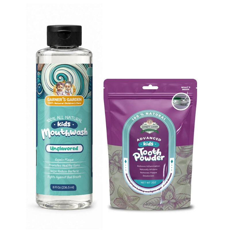 Garner's Garden Kid's Mouthwash and Tooth Powder Package Kids White Smoke 8 oz Kids Unflavored MW / 2 oz Kids Organic TP (w/charcoal)
