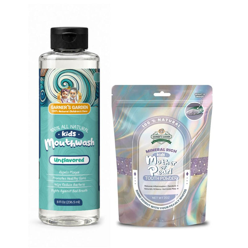 Garner's Garden Kid's Mouthwash and Tooth Powder Package Kids White Smoke 8 oz Kids Unflavored MW / 2 oz Kids Mother of Pearl TP (white in color)