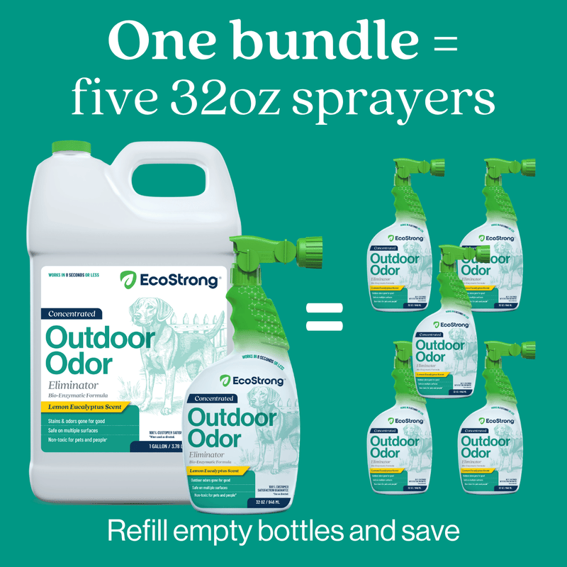 EcoStrong Outdoor Odor Eliminator Pet & Animal > Outdoor Odor Dark Cyan 1 Gallon Jug and Multi Use Sprayer,1 Gallon Jug and Hose End Sprayer,1 Gallon Jug,32 oz Sprayer Bottle and 1 Gallon Refill,32 oz Sprayer Bottle,10 x 2 oz Shots and Sprayer Bottle,5 Gallon Pail